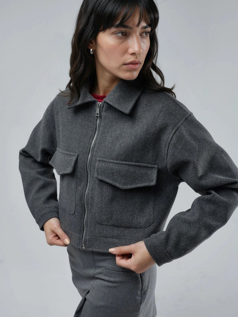 BUSEM Crop Gabardine Jacket with Zipper and Pocket - Image 3
